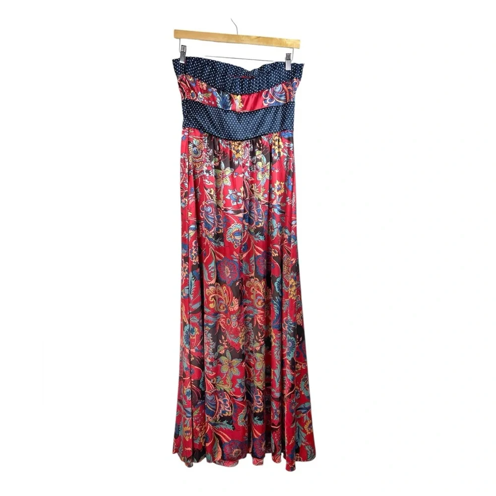Vintage Forever 21 Blue Red Floral Strapless Maxi Satin Dress Size L Y2K Boho